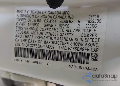 2019 Honda Civic Sport из США, поврежденный, VIN 2HGFC2F88KH574209